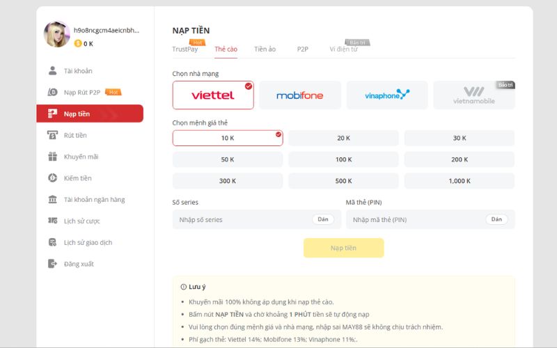 Người dùng thực hiện nạp tiền vào tài khoản Bayclub