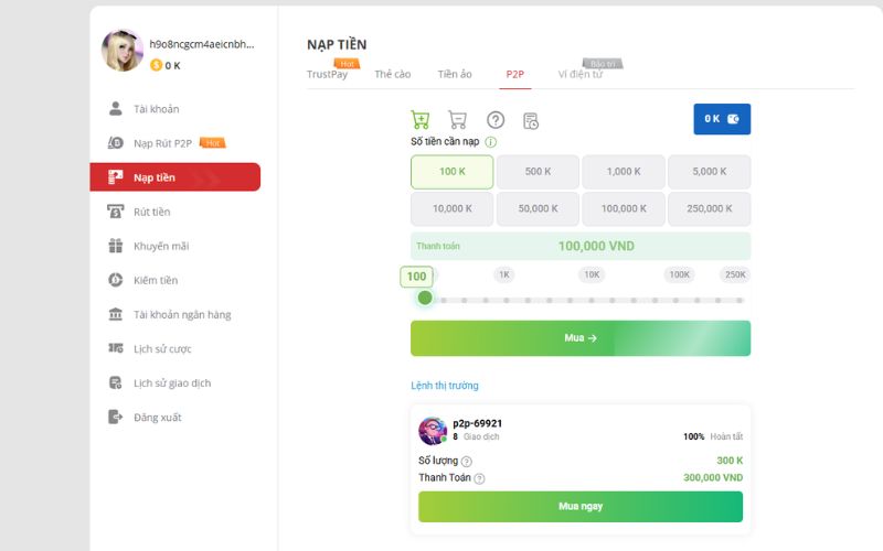 Màn hình xác nhận giao dịch nạp tiền thành công
