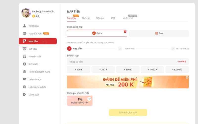 Giao diện nạp tiền Bayclub với nhiều phương thức thanh toán