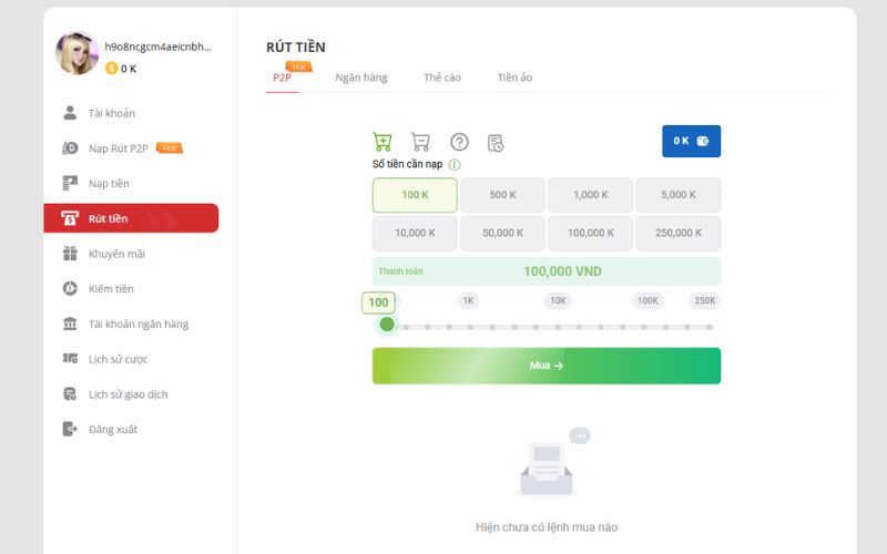 Người dùng thực hiện yêu cầu rút tiền tại Bayclub