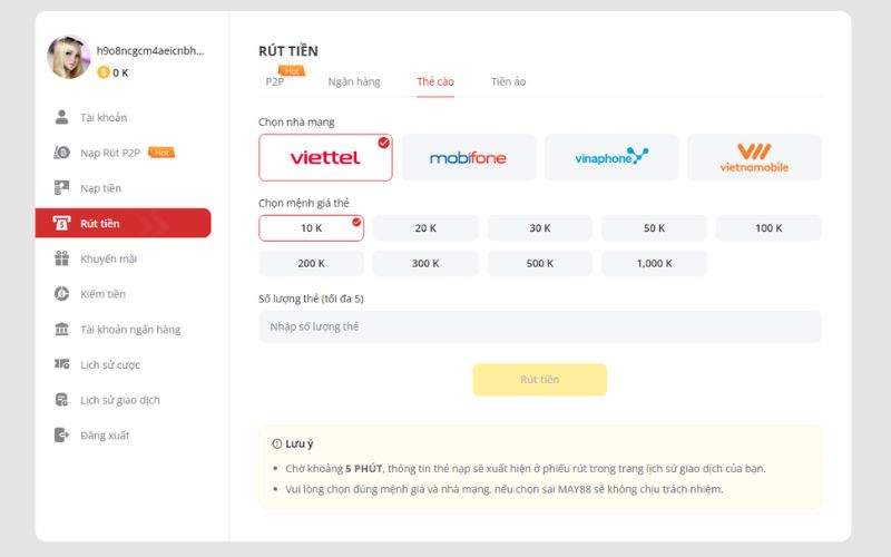 Thông báo giao dịch rút tiền thành công trên hệ thống