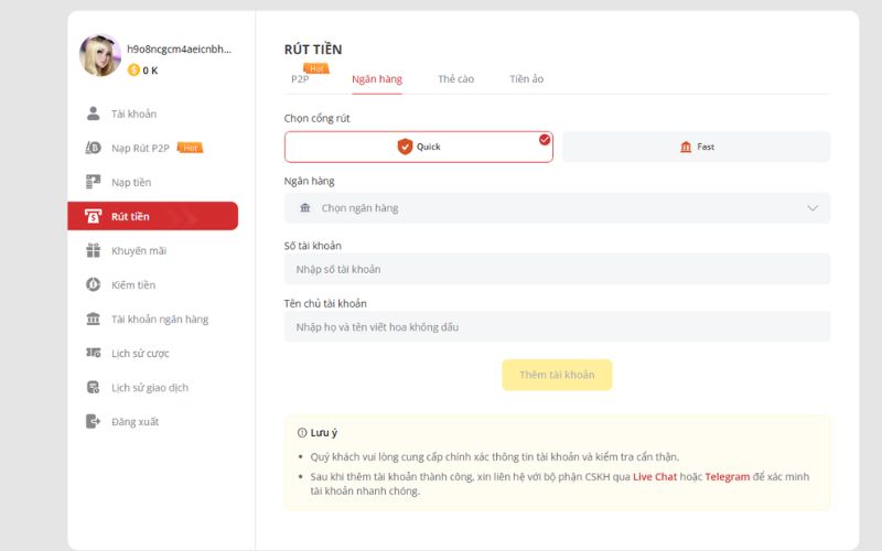 Giao diện rút tiền Bayclub với form nhập thông tin ngân hàng